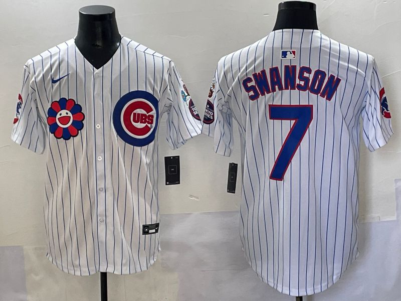 Men 2025 Chicago Cubs 7 Swanson White Stripe Flower Edition Nike MLB Jersey style 51